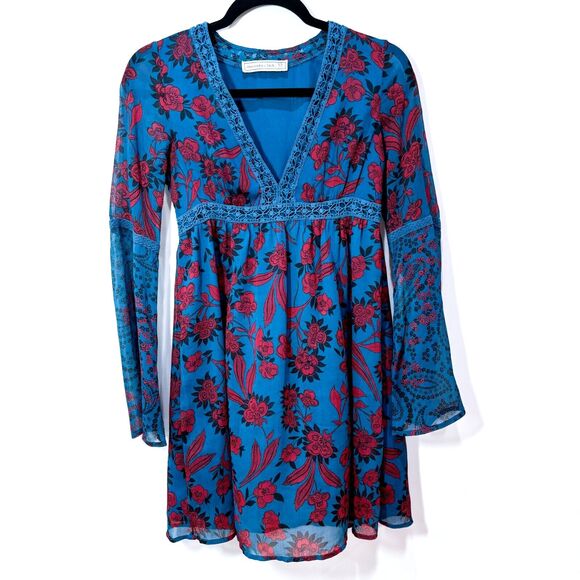 Abercrombie & Fitch Babydoll Mini Dress sz XS Blue Red Whimsigoth Y2K Romantic - Picture 2 of 13
